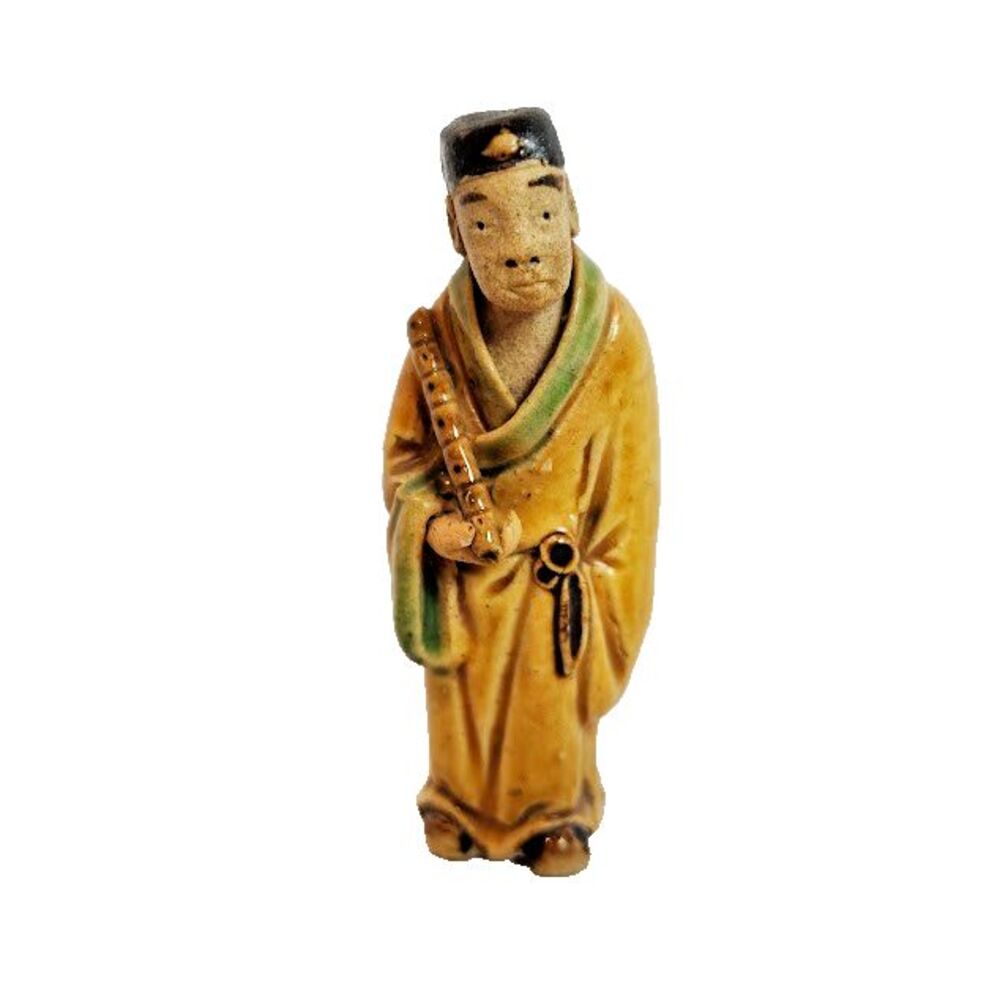 Antique Chinese Mudman 2 Inch Yellow Robe Flute Glazed Body CHINA c. 1890-1919